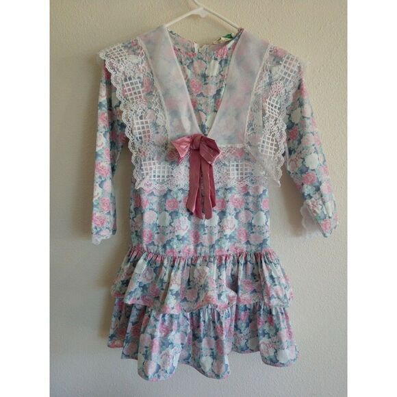 Vintage Girl Dress 1990's Rare Edition 7 Floral Pink Lace ruffles dropped waist